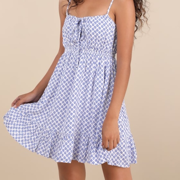 Lulus Grecian Getaway Blue And White Print Mini Dress - Size S - Picture 1 of 1